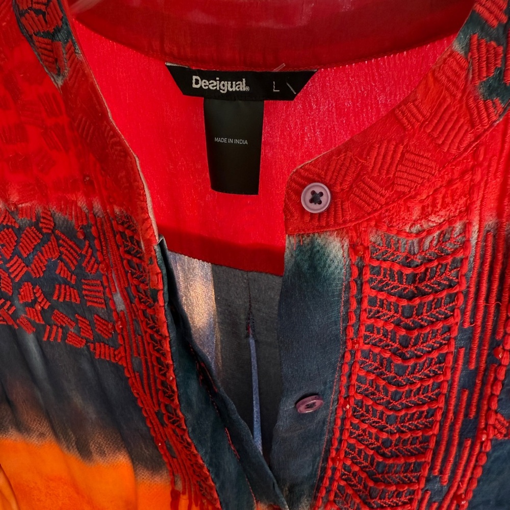Desigual Red and Orange Tie-Dye Style Embroidered Beaded Blouse - Picture 2 of 7